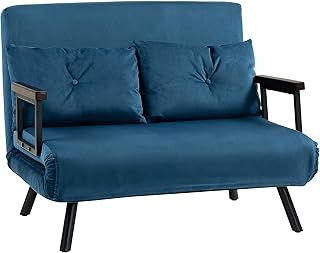 HOMCOM 2 Seater Sofa Bed, Click Clack Convertible Bed Settee, Modern Velvet Feel Fabric Sofa Couch with 2 Tufted Cushions, Wood Armrests for Living Room, Bedroom, Guest Room, Navy Blue