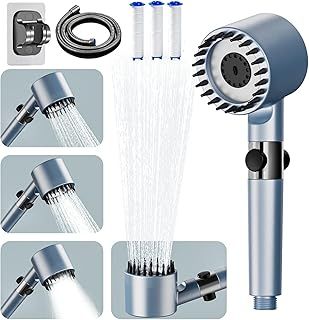 High Pressure Shower Heads, Hard Water Filter Shower Head with 1.5M Shower Hose and Shower Stand, 4 Mode Handheld Pressurized Shower Head with Pause Switch, Lesngsa Massage Large Showerhead, Blue