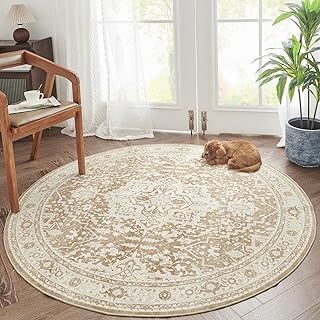 TOPICK Round Rug 120cm Area Rug Indoor Circle Bohemian Taupe Rug Washable Rug Floral Medallion Non Slip with Rubber Backing for Living Dining Room Entryway