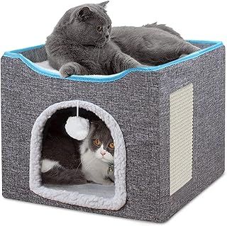 Ezigoo Cat Bed Foldable Cat House Cave with Clawsable Scratching Board and Fluffy Ball Indoor for Multi Small Pet 41 * 41 * 34cm Grey