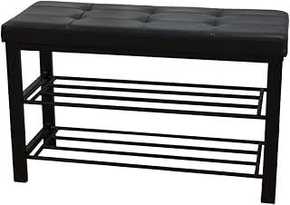 La Maison Shoe Rack Bench 3 Tier Leather Button Tufted Cushioned Seat Hallway Padded Storage Organiser Entryway Shelf Metal Frame (Black)