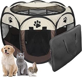 Portable Puppy Playpen, Dog Cat Pet Pen for Indoors Outdoor Foldable Pet Carrier Exercise Kennel Cage Tent for Rabbit Hamster Guinea Pig 73 x 73 x 43cm, Coffee