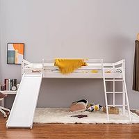 Panana Bunk Bed with Slide, Mide Sleeper Wooden Cabin Bed 3FT Single Bed with Ladder for Kids, Children, White, for Kids