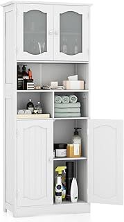 COSTWAY Bathroom Tall Cabinet, Freestanding Storage Cupboard with Tempered Glass Doors and Open/Adjustable Shelves, Wooden High Floor Storage Cabinet for Living Room Kitchen Hallway, 148cm (White)
