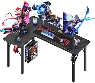 Dripex L shaped 145cm Corner Gaming Desk Large Carbon Fiber Desktop Surface, with Cup Holder,Mouse Pad,Gamepad & Headphone Holder Computer Table Workstation (L-Shape Left)
