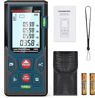 HANMATEK 328ft/100m Laser Measure Ft/In/M Switching LM100 Laser Measurement Tool Devices with 2 Bubble Levels Distance Meter,Large Backlit LCD and Pythagorean Mode, Carry Pouch and Battery Included