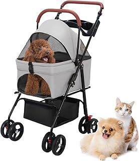 Pet Stroller, Folding Dog Stroller, Pet Folding Stroller, 4 Wheels Dog/Cat Puppy Stroller, Travel Carrier for Small/Medium Pet with Storage Basket and Cup Holder 1 Set