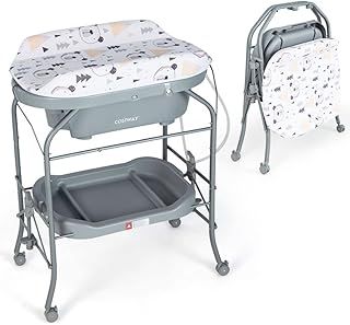 COSTWAY 4 in 1 Baby Changing Table, Folding Infant Nursery Station with Bath Tub, 4 Universal Wheels, PVC Pad and Storage Tray, Portable Newborn Massage Tables Diaper Organizer (Grey)