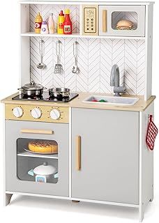 COSTWAY Kids Play Kitchen, Wooden Pretend Toy Kitchen with Lights & Sounds, Oven, Microwave, Sink, Faucet, Utensils, Children's Chef Role Play Set for Boys Girls