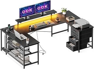ODK Corner Desk with Drawers, Reversible L Shaped Gaming Desk with LED Lights, Computer Office Desks for Home Office Black, 167×102 cm