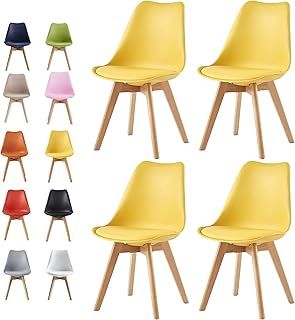 Set of 4 Dining Chairs Wooden Legs Soft Cushion Pad Stylish DELUXE Retro Lounge Dining Office EVA (Yellow)