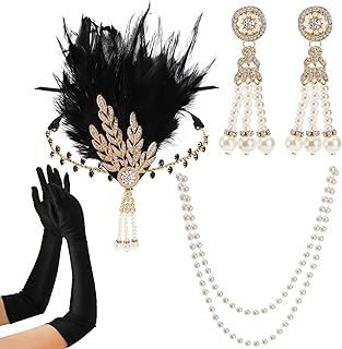 6 Pieces 1920s Gatsby Flapper Accessories Set, 20s Party Costume Headband for Women, Feather Flapper Headpiece, Pearl Necklace and Earrings, Gloves, Holder