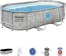 Bestway Power Steel Swim Vista Pool Set II, Family Swimming Pool with Windows, Grey Brick Print Garden Swimming Pool with Filter Pump, Ladder, Pool Cover and ChemConnect Dispenser, 14ft, Grey