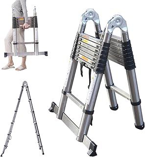 5M Telescopic Straight Ladder A-Frame Sturdy Stainless Steel Folding Ladder 16.5ft 2-IN-1 Extension Ladder with Support Bar 330lb Max Load for Household Outdoor Work