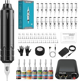 Solong Tattoo Kit-Rotary Tatto Machine Professional Tattoo Pen with Foot Pedal for Beginners 10 PCS Tattoos Cartridges Needles 7 Tattoo Ink