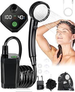 fezori Portable Shower, Camping Shower Pump with Rechargeable 6000mAh Battery and Sinking Bottom Design, Outdoor Shower IPX7 Waterproof with Temperature Display for Camp, Car Washing, Pet Bath (Black)