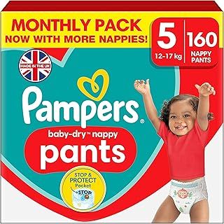 Pampers Baby-Dry Nappy Pants Size 5, 160 Nappies, 12kg-17kg, Monthly Pack, 360° Fit To Help Prevent Gaps And Leaks