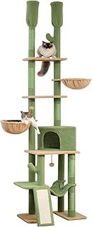 PETEPELA Cactus Cat Tree Floor to Ceiling Cat Tower with Large Condo Adjustable Height 216cm-285cm, 5 Tiers Cat Climbing Activity Center with Cozy Hammock, Platforms and Dangling Balls, Green