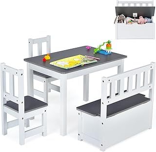 GYMAX Wooden Kids Table and Chair Set, Children Activity Desk with 2 Chairs & Storage Bench, 4-Piece Toddler Furniture Set for Arts Crafts Reading Eating (Grey)