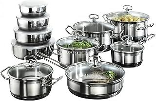Jasmin Cookware Set with Pan, Stainless Steel, 20-Piece with glass Lids and 4 Bowls