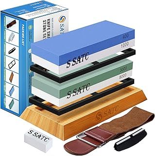 SATC Sharpening Stones for Kitchen Knives 400 1000 3000 8000 Grit Whetstone Sharpeners Wet Stone Knife Sharpener Stone with Non-Slip Wood Base, Flattening Stone, Angle Guide and Leather Strop