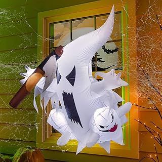 MaxEarn 4 FT Halloween Inflatable 3 Ghosts with Build-in White LEDs, Blow Up Flying Ghost Broke Out from Window, Scary Inflatable Decororation for Halloween Party Indoor, Outdoor, Yard, Garden, Lawn