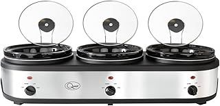 Quest 16530 3 Pot Electric Slow Cooker, Buffet Server & Food Warmer / 3 Large Sized 2.5 Litre Ceramic Pots/Lids & Lid Stands / 3 Heat Settings/Silver Stainless Steel Finish