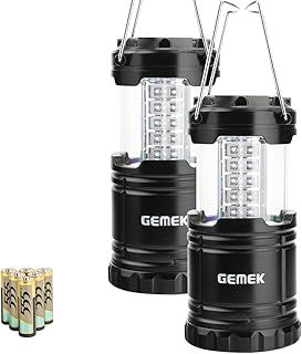 GEMEK 2 Pack LED Camping Lantern, Survival Kit for Hurricane, Emergency, Storm, Outages, Outdoor Portable Lantern, 6 AA Batteries Included (Black, Collapsible)