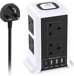 Tower Extension Lead with USB C Slots, 8 Way Multi Plug Extension Tower (13A 3250W)，Surge Protected with Switch, 2M Extension Cable, Plug Socket Extension Cord for Home, Office