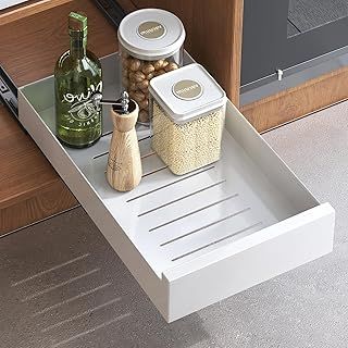 Pull Out Cabinet Organiser, Pull Out Shelf Slide Out Drawers Storage for Kitchen Cupboards, Heavy Duty Extendable Sliding Drawer, No Need Drill, 43 Depth x 25 Width x 8 Height cm,White