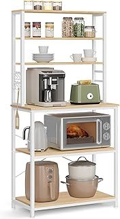VASAGLE Kitchen Storage Rack, Coffee Bar, Baker’s Rack, Total 6 Shelves and 6 Hooks, for Microwave, Steel Frame, Industrial, 40 x 80 x 167 cm, Oak Colour and White KKS019W09