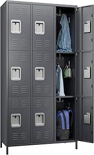 Storage Locker Combination, 9 Doors Industries Metal Locker with 18 Hooks for School Office Gym Home Employees Staff Sundries Room W35.43*D15.7*H72(Dark Gery)