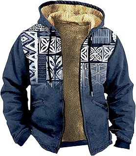 Jackets for Men UK Autumn Winter Fashion Long Sleeve Hoodies Jacket Warm Fleece Lined Sherpa Coat Full Zip Drawstring Hooded Outwear Outdoor Windproof Solid Color Hiking Jackets