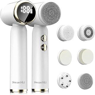 SwanSki Facial Cleansing Brush - Electric Face Cleanser with 3 Exfoliating Brush Heads - 3 Speed Levels, LCD Display - Waterproof Facial Brush - Rechargeable Facial Cleanser - Face Scrubber (White)