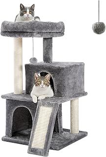 PETEPELA Cat Tree 86cm Cat Tower with Double Condos, Removable Spacious Perch, Fully Wrapped Scratching Sisal Posts, Replaceable Dangling Balls, 35 Inches Grey