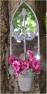 Arched Garden Mirror with Hanging Pot, Black Iron Frame, 60L x 21W cm, Wall Mount