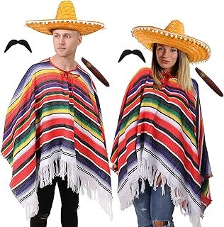 ADULTS MEXICAN WILD WEST COUPLES FANCY DRESS COSTUME - 2X DELUXE STRIPED PONCHO, 2X POM POM EDGING SOMBRERO, 2X JUMBO PLASTIC CIGARS, 2X BLACK STICK ON TASH - PERFECT FOR MENS AND LADIES AROUND THE WORLD, MEXICAN, WILD WEST FANCY DRESS PARTIES