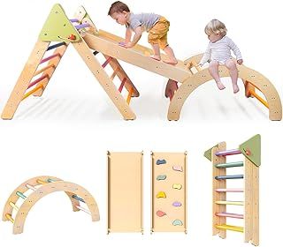 LOL-FUN 7in1 Wooden Climbing Frame for Toddlers, Foldable Baby Climbing Toys Pikler Triangle Set with Ramp and Arch, Montessori Indoor Play Jungle Gym for Kids - Rainbow