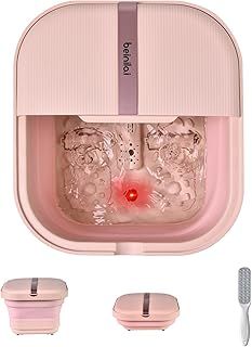 Beinilai Collapsible Foot Spa and Massager with Heater, Foot Bath Bowl, Bubble,Vibration,2 Massage Rollers,Acupressure Massage Points, Red Light and Foot Scrubber, Foot Soak Tub for Women (Pink)