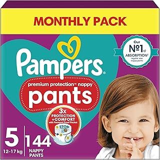 Pampers Premium Protection Nappy Pants Size 5, 144 Nappies, 11kg-17kg, Monthly Pack + Pampers Harmonie Aqua Baby Wipes 1 pack of 10 Wipes