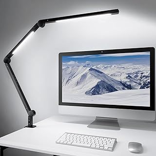 MediAcous LED Desk Lamp, Dual Light Source with Clamp, Dimmable 4 Color Modes & Brightness Swing Arm Eye-Caring Clip-on Architect Lamp Memory Function for Work Study Home Office, Black