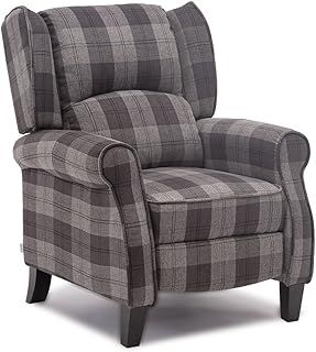 More4Homes EATON WING BACK FIRESIDE CHECK FABRIC RECLINER ARMCHAIR SOFA CHAIR RECLINING CINEMA (Grey)
