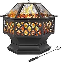 Yaheetech Fire Pit Heavy Duty Fire Bowl Large Fire Pit with Mesh Poker for Outside Patio Heater/Camping Bonfire/Garden/Backyard/Poolside, Hexagon Shaped, Black