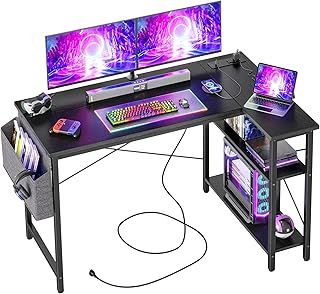 Small L Shaped Desk with Power Outlets - 120x70cm Gaming Corner Computer Desk Writing Table, Reversible Large Storage Shelves, Bookshelf Workstation for Study Play Work Home Office Black