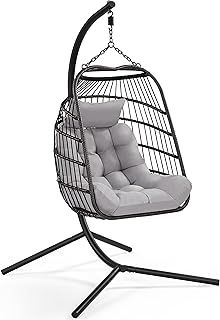 Yaheetech Rattan Egg Swing Chair, Garden Patio Swing Chair, Indoor/Outdoor Hanging Hammock with Cushion & Cover, Sturdy Steel Frame, Capacity 159 kg, Black & Grey