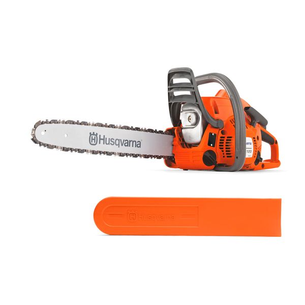 Husqvarna 120 Mark II Petrol Chainsaw - 38.2 cc X-Torq® Engine, 14″ bar & H37 Chain, LowVib® Vibration Reduction, Air Injection™, Ideal for Garden & firewood
