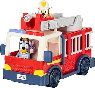 Bluey Firetruck, Firetruck, Exclusive Firefighter Bingo and Bob Bilby Figures Raise The Ladder, Spin It Around and Roll Out The Hose Includes Sticker Sheet
