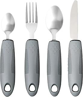 Easy Grip Cutlery Set of 4 Gray Disability Aids with Knife Fork Spoon Large Wide Handled Arthritis Hands Aids Cutlery Adaptive Eating Drinking Utensils for Disabled People Elderly Parkinson