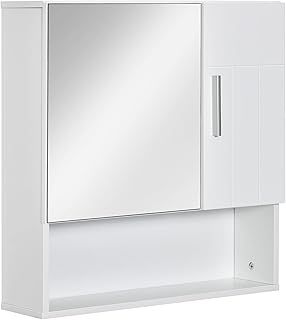kleankin Bathroom Mirror Cabinet, Wall Mounted Storage Cupboard Organizer with Double Doors and Adjustable Shelf, White