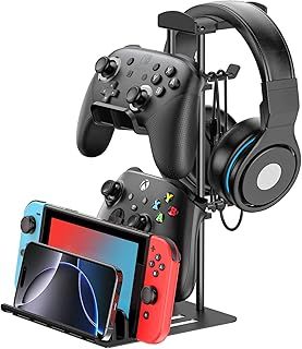 Headphone Stand, Game Controller Holder & Headset Holder for Desk, Earphone Stand with Aluminum Supporting Bar, Universal Storage Organizer Headphones/Controller/Switch/iPad/Mobile Phone